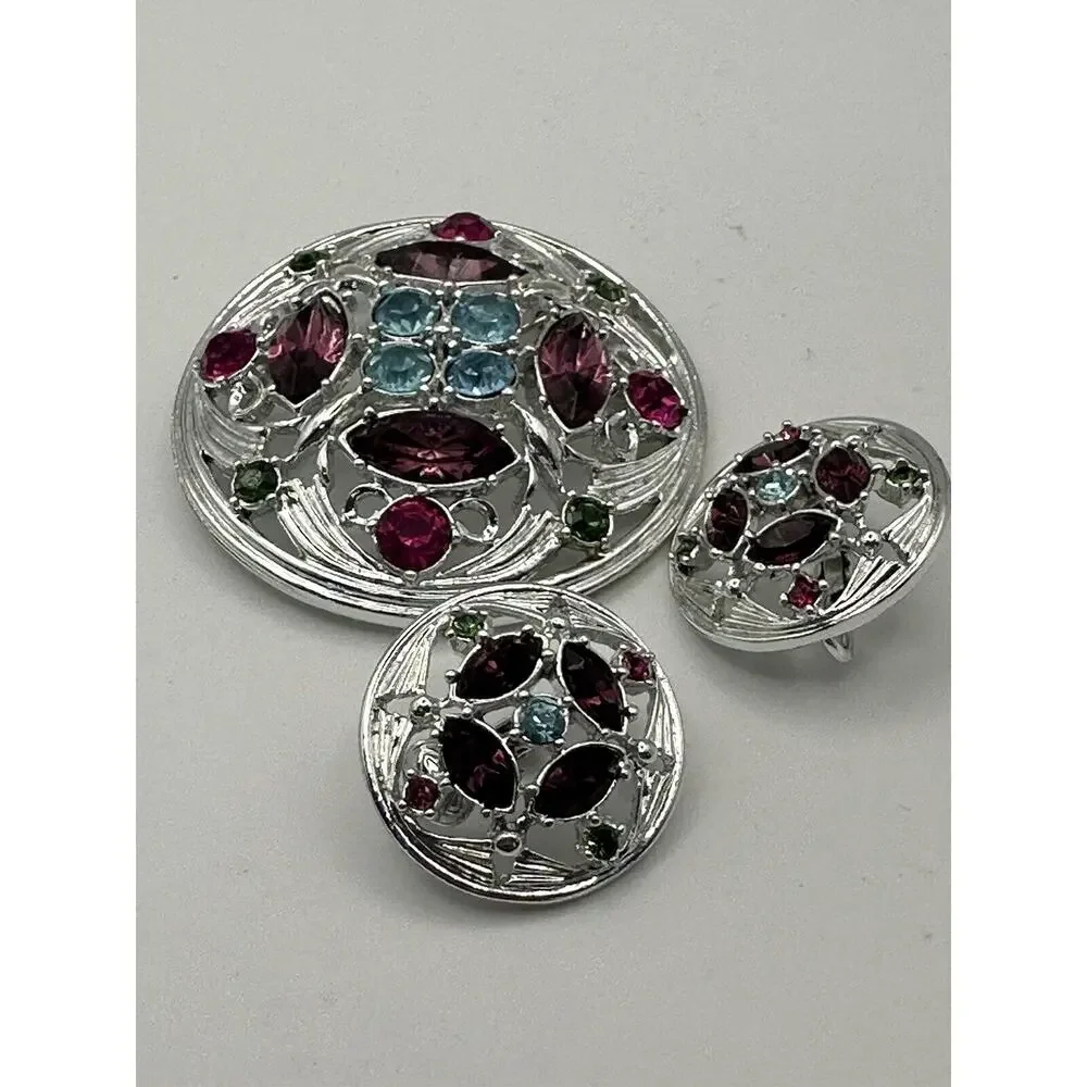 Vintage‎ 1972 Sarah Coventry SPRINGTIME Multi Color Rhinestone Brooch Earrings